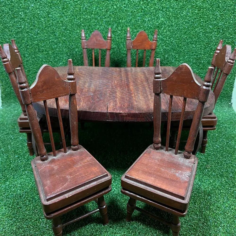 Vintage Miniature Wooden Dining Table and Chair Set Dollhouse